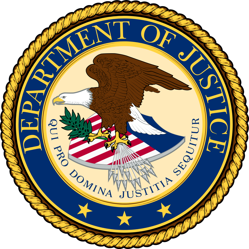 seal of the u.s. department of justice with eagle holding olive branch, arrows and flag