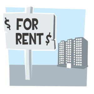 illustration of for rent sign in front of large apartment building