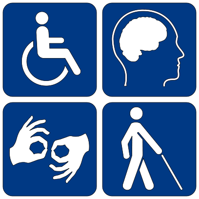 disability symbols for wheelchair, mental disability, deaf and hard of hearing, and blind