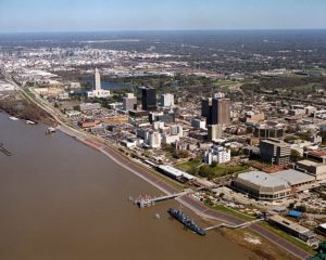 aerial view of baton rouge waterfront and mississippi river