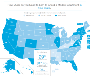Map of the u.s. that shows how much you need to earn to afford a modest apartment in your state