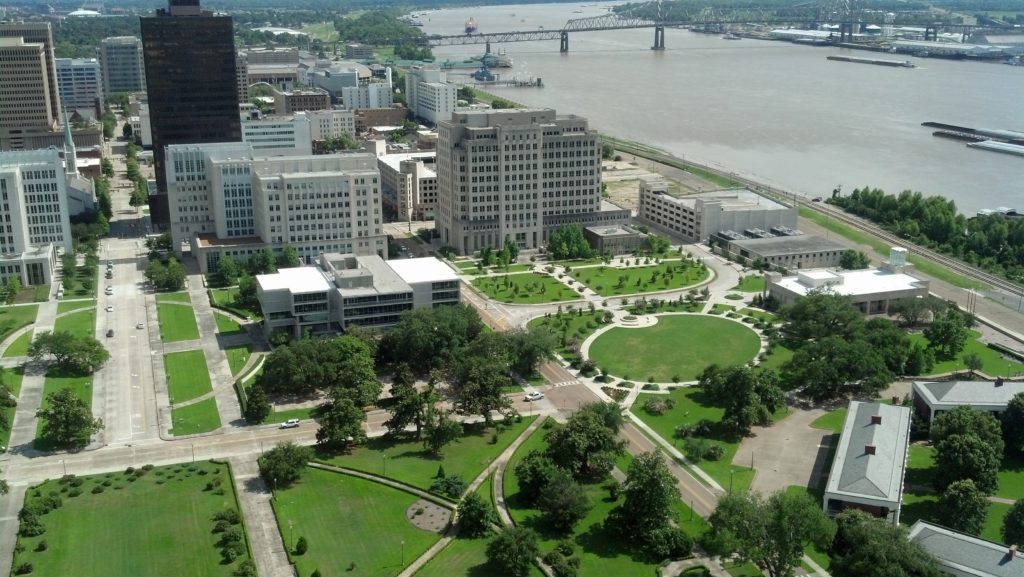 aerial view of downtown baton rouge and mississippi river