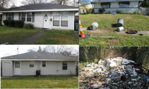 two pictures of poorly maintained bank-owned homes with trash littered in front of them beside two pictures of well-maintained bank-owned homes