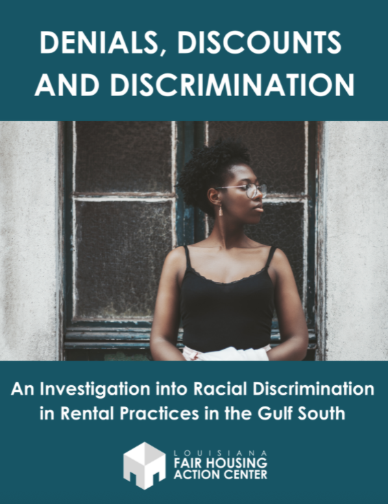 Cover image of young African American woman with glasses in front of window with text: Denials, Discounts and Discrimination. An investigation into Racial Discrimination in Rental Practices in the Gulf South