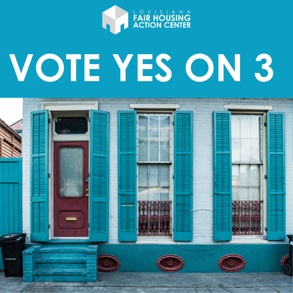 text reads "vote yes on 3" over image of blue shotgun house with shutters