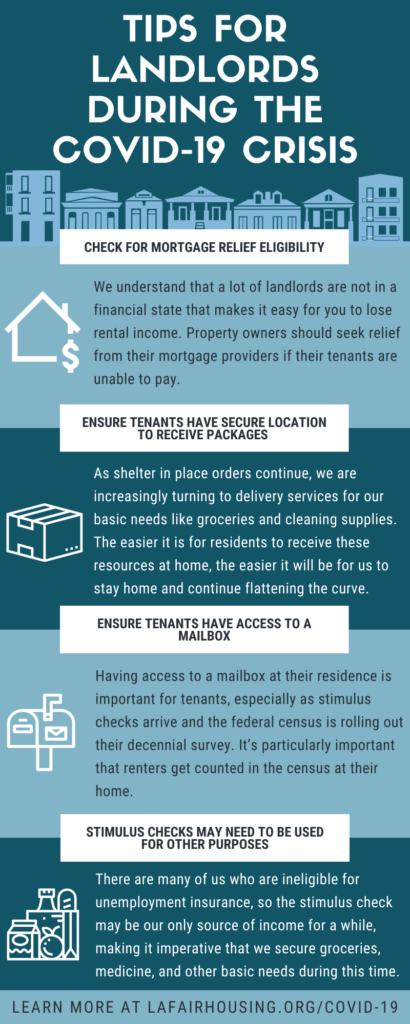 tips for landlords during the covid-19 crisis including: check for mortgage relief eligibility, ensure tenants have secure location to receive packages, ensure tenants have access to a mailbox, stimulus checks may need to be used for other purposes"