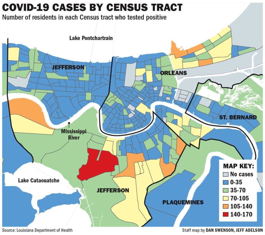 covid-19 cases by census tract map with the number of residents in each census tract of the greater new orleans area who tested positive