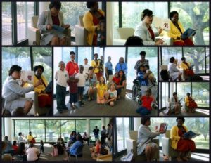 a collage of images of mayor cantrell's storytime at the library with children