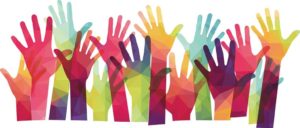 illustration of many colorful hands raised up